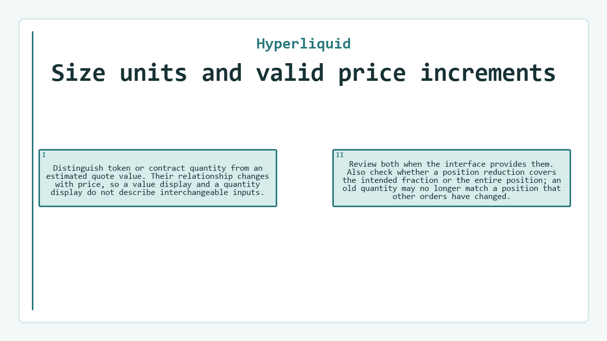 Size units and valid price increments: Distinguish token or contract quantity from an estimated quote value. Their relationship changes with price, so a value display and a quantity display do not describe interchangeable inputs.; Review both when the interface provides them. Also check whether a position reduction covers the intended fraction or the entire position; an old quantity may no longer match a position that other orders have changed.